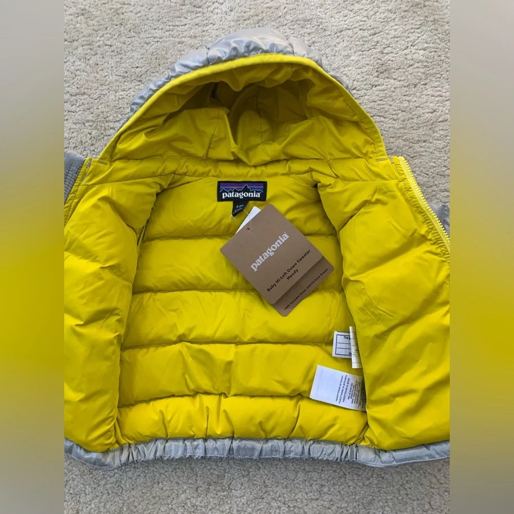Patagonia NWT Size 3-6 Months Baby Hi-Loft Down Sweater Hoody Grey Puffer Coat